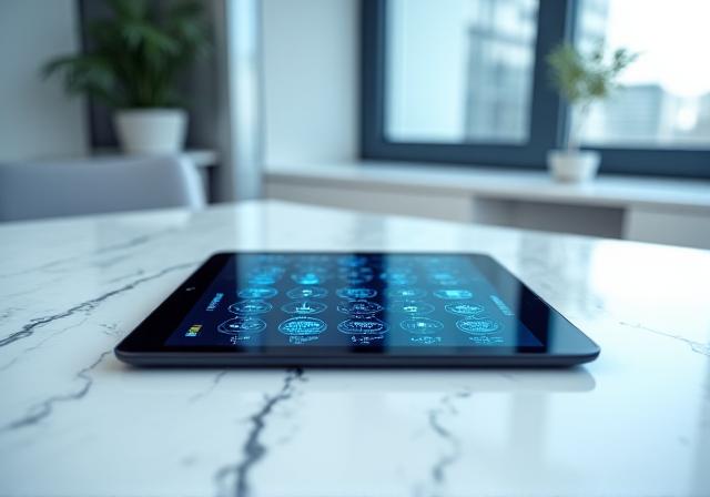 Secure padlock on a digital tablet in a clean medical environment