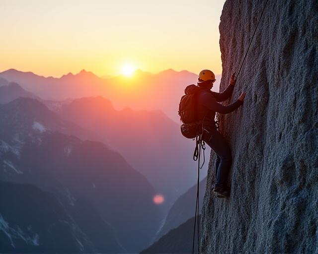 A determined climber ascending a steep rock face at sunset
